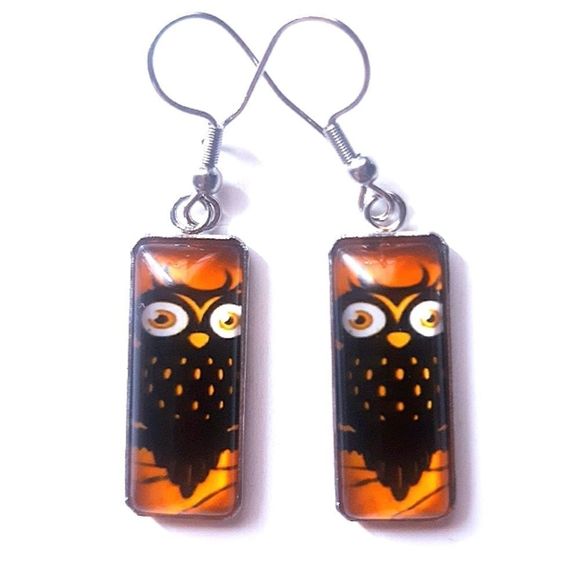 Owl Design Dangling Rectangular Hook Earrings - Picture 2 of 7